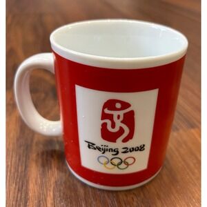 Beijing 2008 Olympics Commemorative Mug Red White Olympic Rings Souvenir
